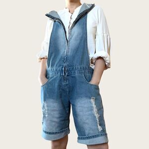 Casual Denim Zipped Overall‎ Romper with Hoodie Pockets Size L